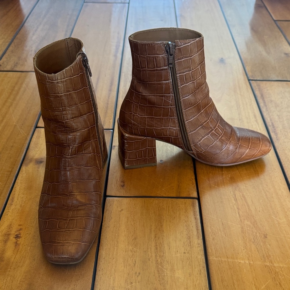 Anthropologie Tan Croc-Embossed Ankle Booties